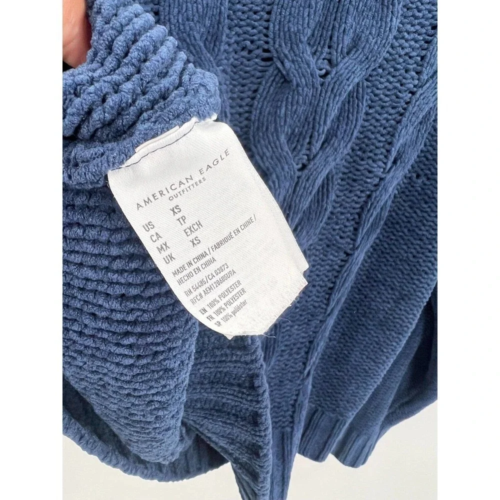 American Eagle Pullover Sweater Chunky Cable Knit Navy Blue Crew Neck Womens XS